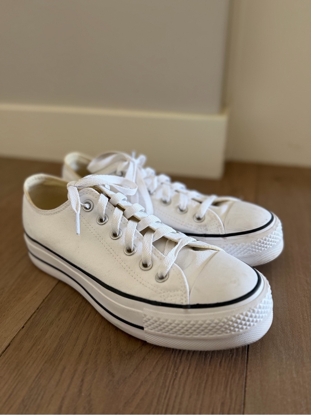 Converse White Platform Low Top Canvas Sneakers with Black Accents
